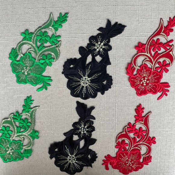 Iron On Patches Embroidery Applique Patches Flower Red Black Green Patch - Picture 3 of 6